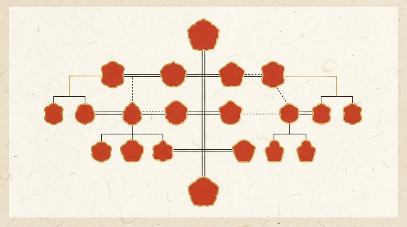 名探偵コナンの家系図|実線・二重線・破線で親子と婚姻と養子を描き分けた家系図のイメージ