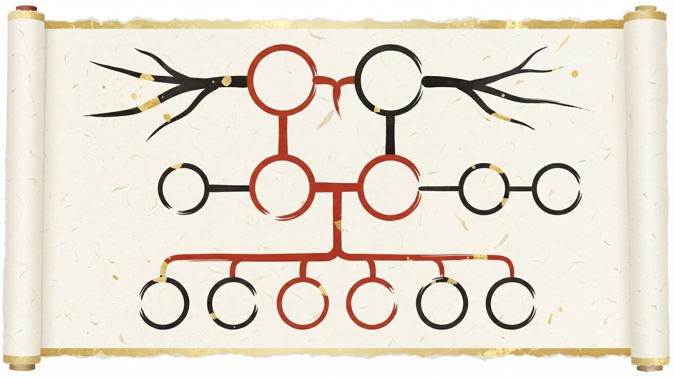 義理のいとこまでの4親等相当のつながりを示す和モダンな家系図