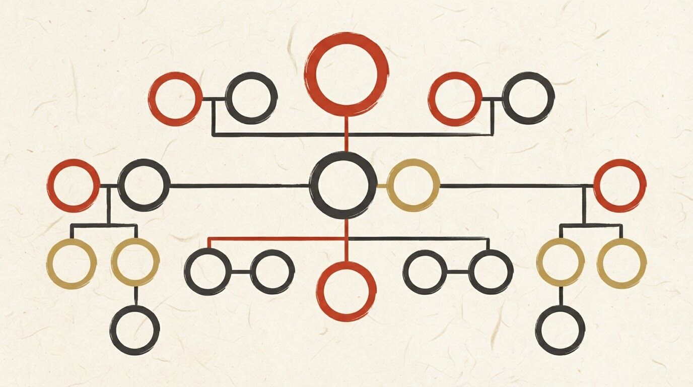 義理の甥・姪までの3親等の経路を世代別に示す和紙調の家系図