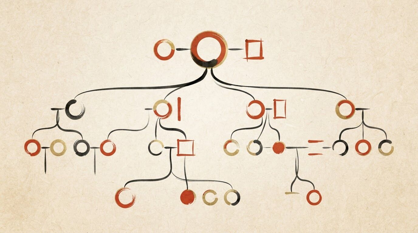 和紙の上に墨と朱の線で描かれた系譜図。1つの起点から枝分かれし、実線と細い線で系統を描き分けている