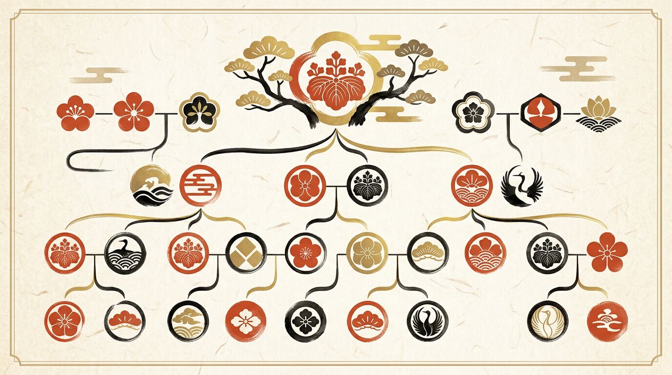 イギリス王室の家系図をイメージした和モダンな系図のイラスト