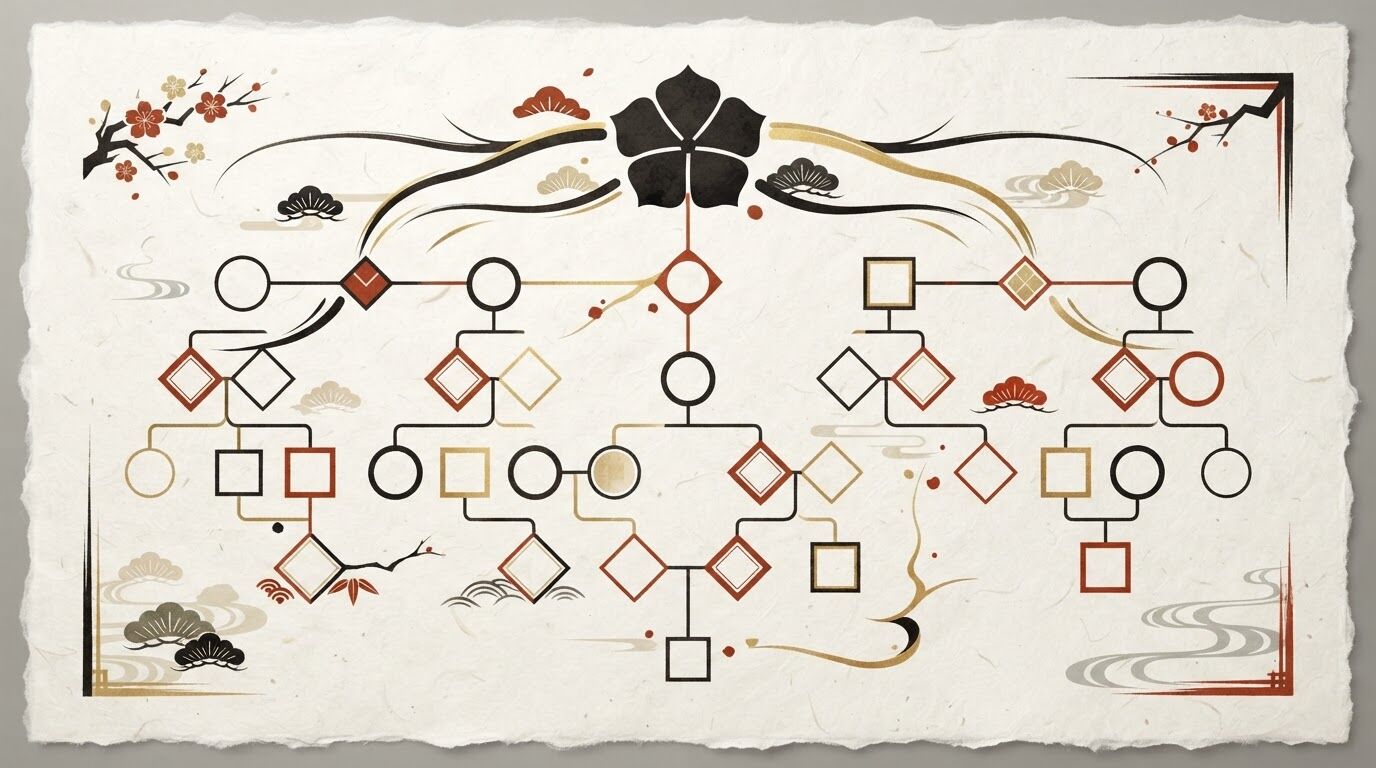 ジョースター家の家系図|養子と乗っ取りを表す対の家紋のイメージ