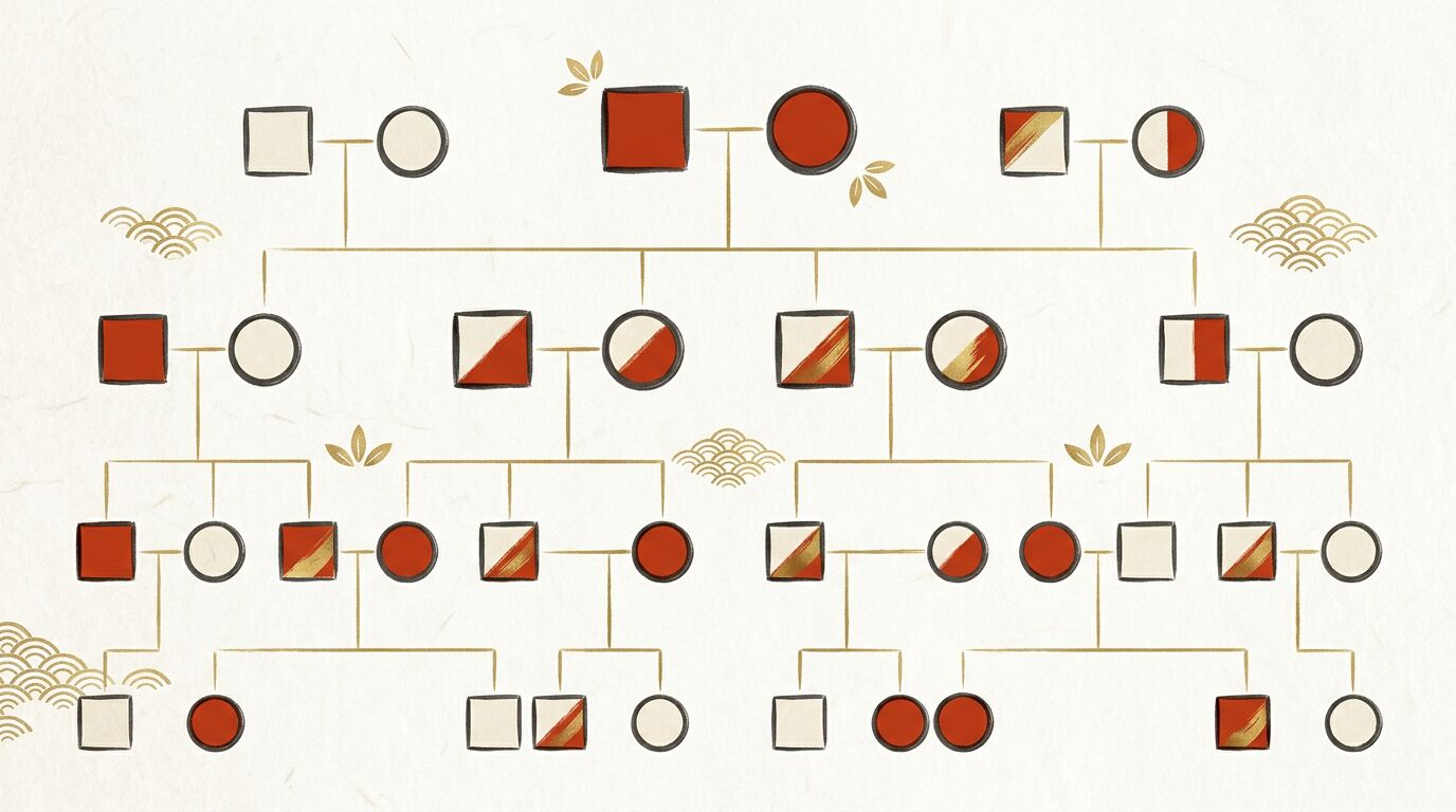 遺伝の家系図の記号と関係線のイメージ