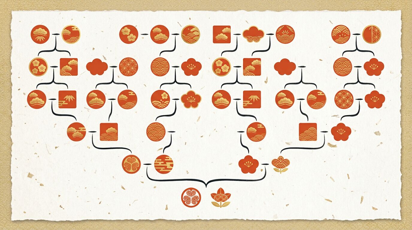 家系図を床の間の掛軸として飾った和の設えのイメージ