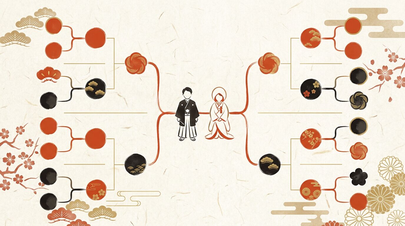 新郎新婦を中心に両家をつないだ結婚式の家系図のイメージ