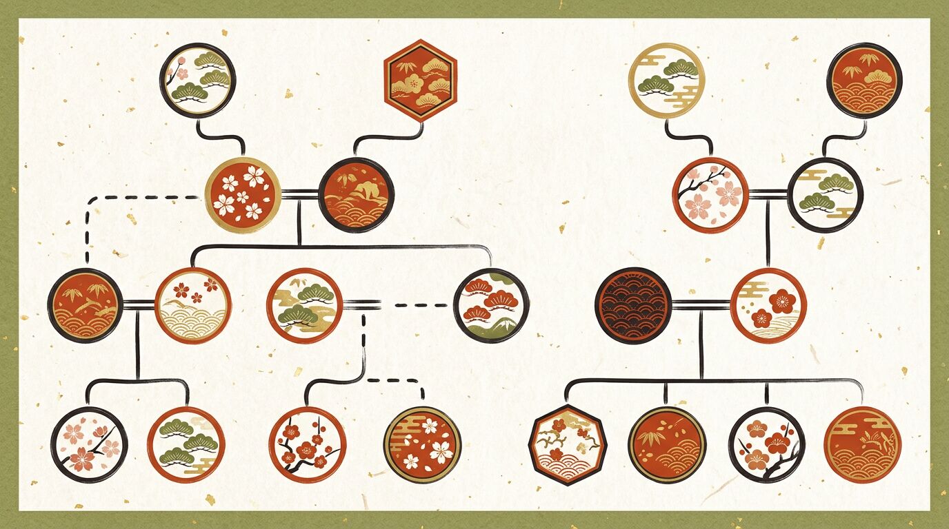 婿養子（二重線と破線）の家系図の書き方の図解