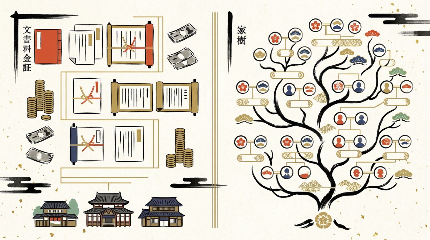 家系図作成の費用（自分・市役所・代行の比較と戸籍手数料の内訳）を整理した和モダンな図解