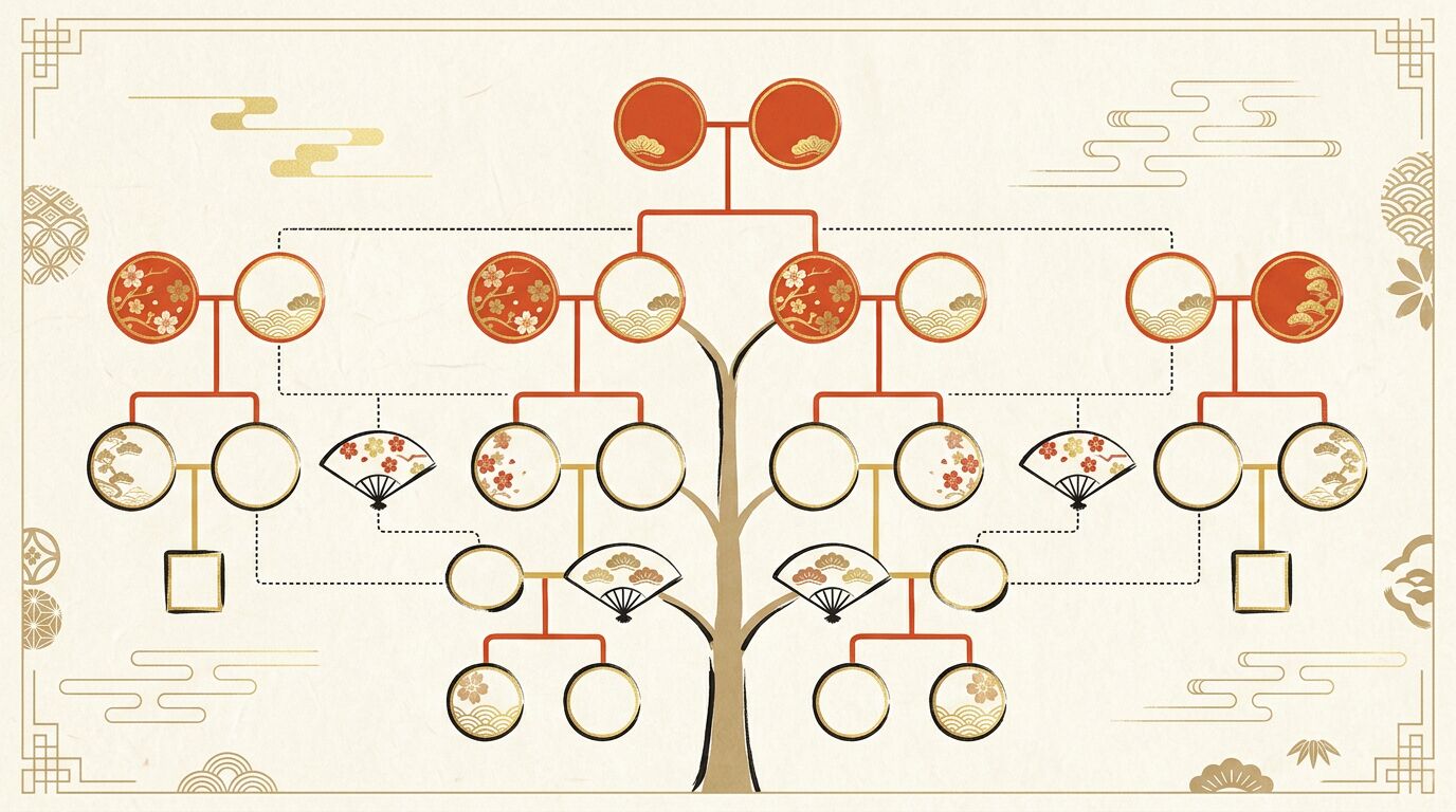 養子の家系図の書き方と破線の記法を整理した図解