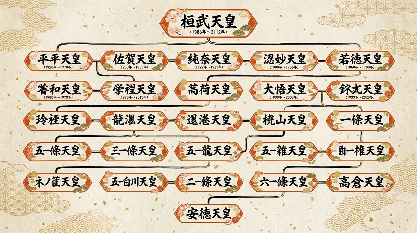 歴代天皇一覧と平安時代の家系図｜桓武天皇から安徳天皇まで図解で解説