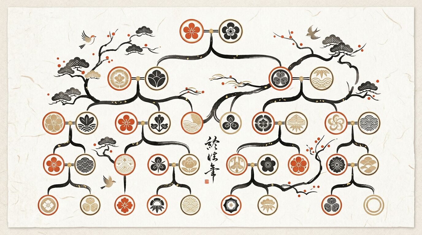 戦国武将の家系図をイメージした和モダンな系図のイラスト
