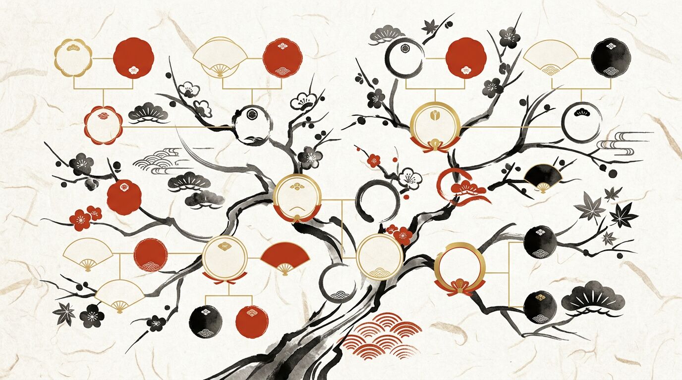 先祖の調べ方(戸籍から江戸時代・過去帳まで)を家系図とあわせて整理した和モダンな図解