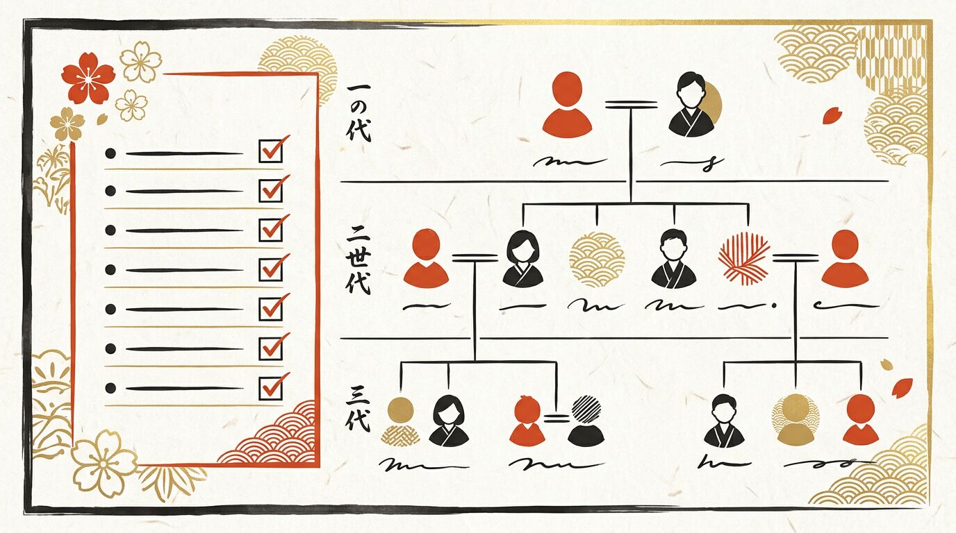 終活でやることと家系図の役割を整理した和モダンな図解