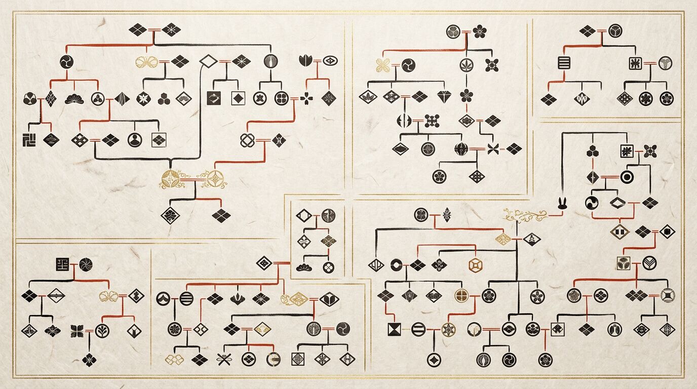 戦国武将や名家など有名人の家系図を集めたイメージ