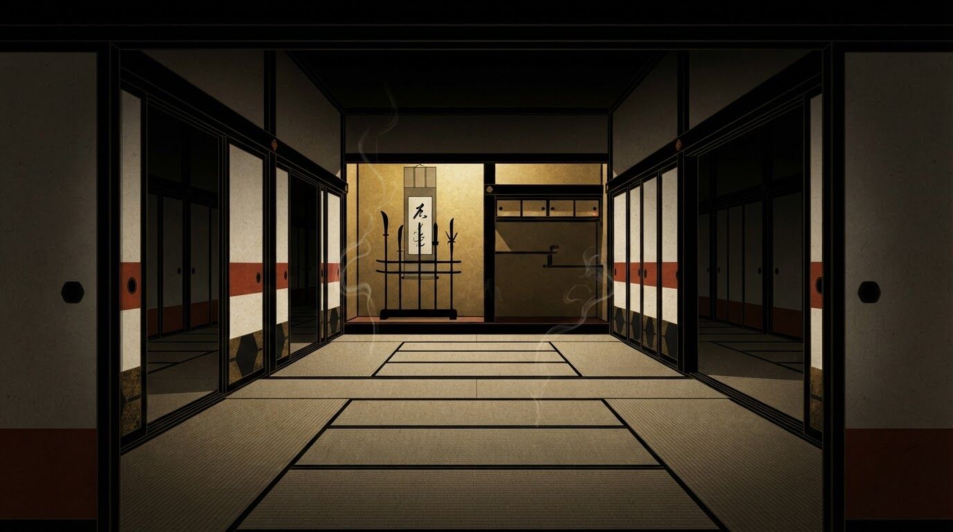 当主の座を中心に代々受け継がれてきた武家の格式を思わせる、薄暗い日本家屋の座敷のイメージ