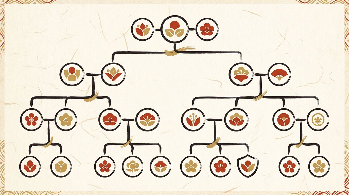 本人とパートナー・子を結んだ和モダンな家系図の図解