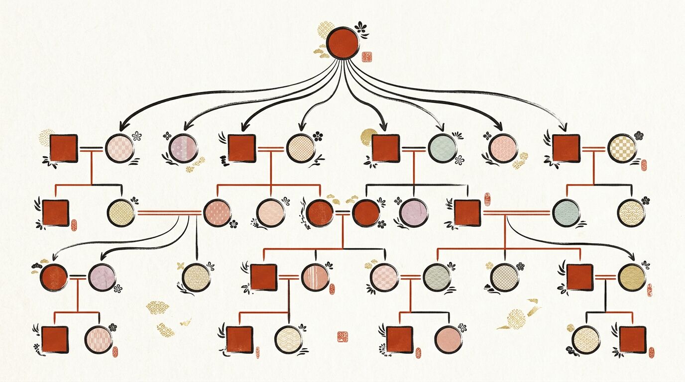 続柄の英語表記一覧を家系図で和英併記して整理した和モダンな図解