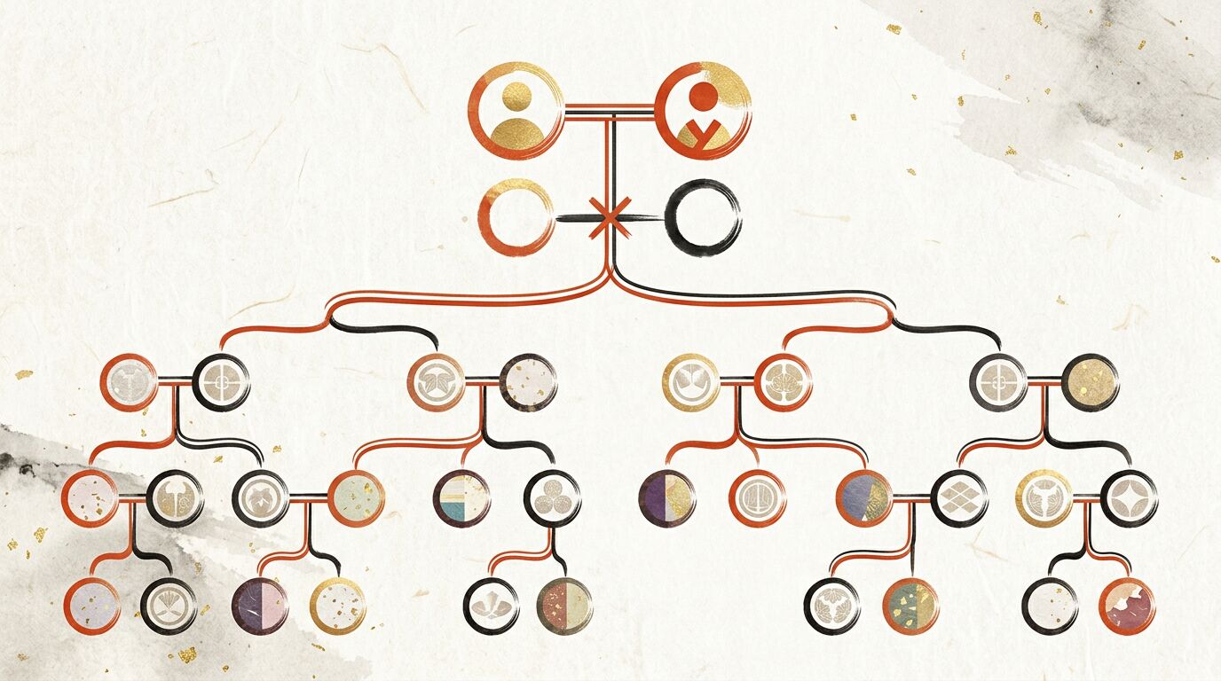 配偶者を二重線、元配偶者を二重斜線で描き分けた和モダンな家系図の図解