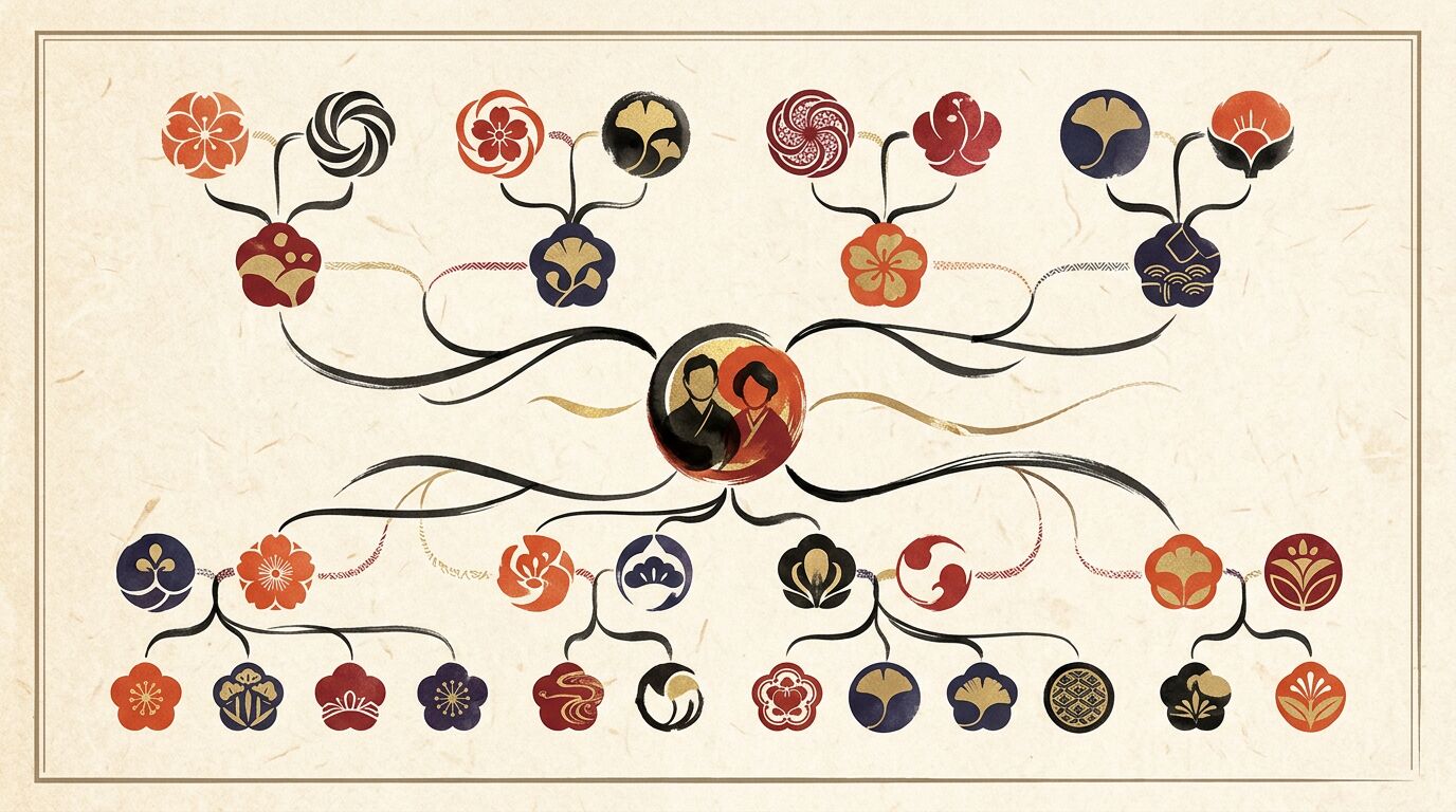 本人・世帯主を中心に続柄を整理した和モダンな家系図の図解