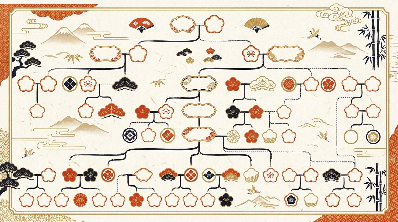 直系・傍系・姻族の続柄の全体像を親等とあわせて家系図で整理した和モダンな図解