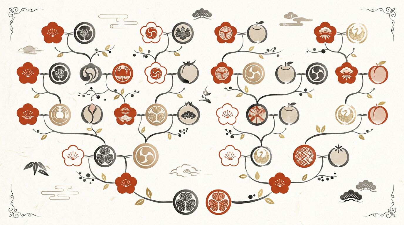 孫・娘の夫・息子の嫁を下の世代に並べた和モダンな家系図の図解