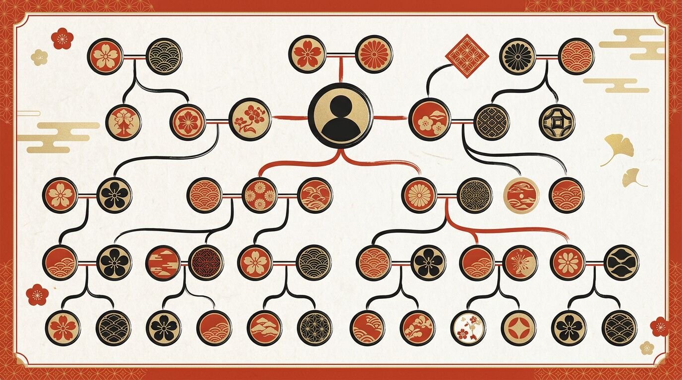 父母・祖父母を直系で縦に並べた和モダンな家系図の図解